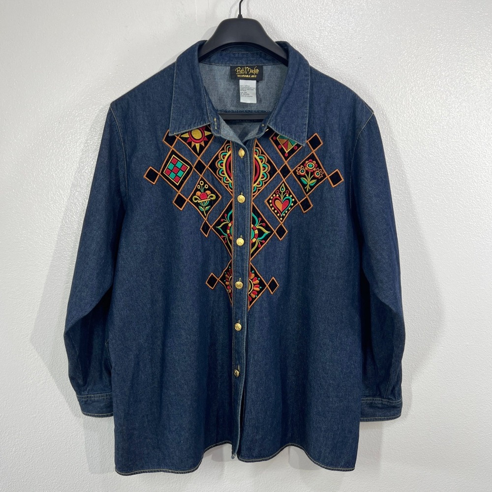 Vintage 90s Bob Mackie Wearable Art Denim‎ Shirt 2X Blue Embroidered Button Up